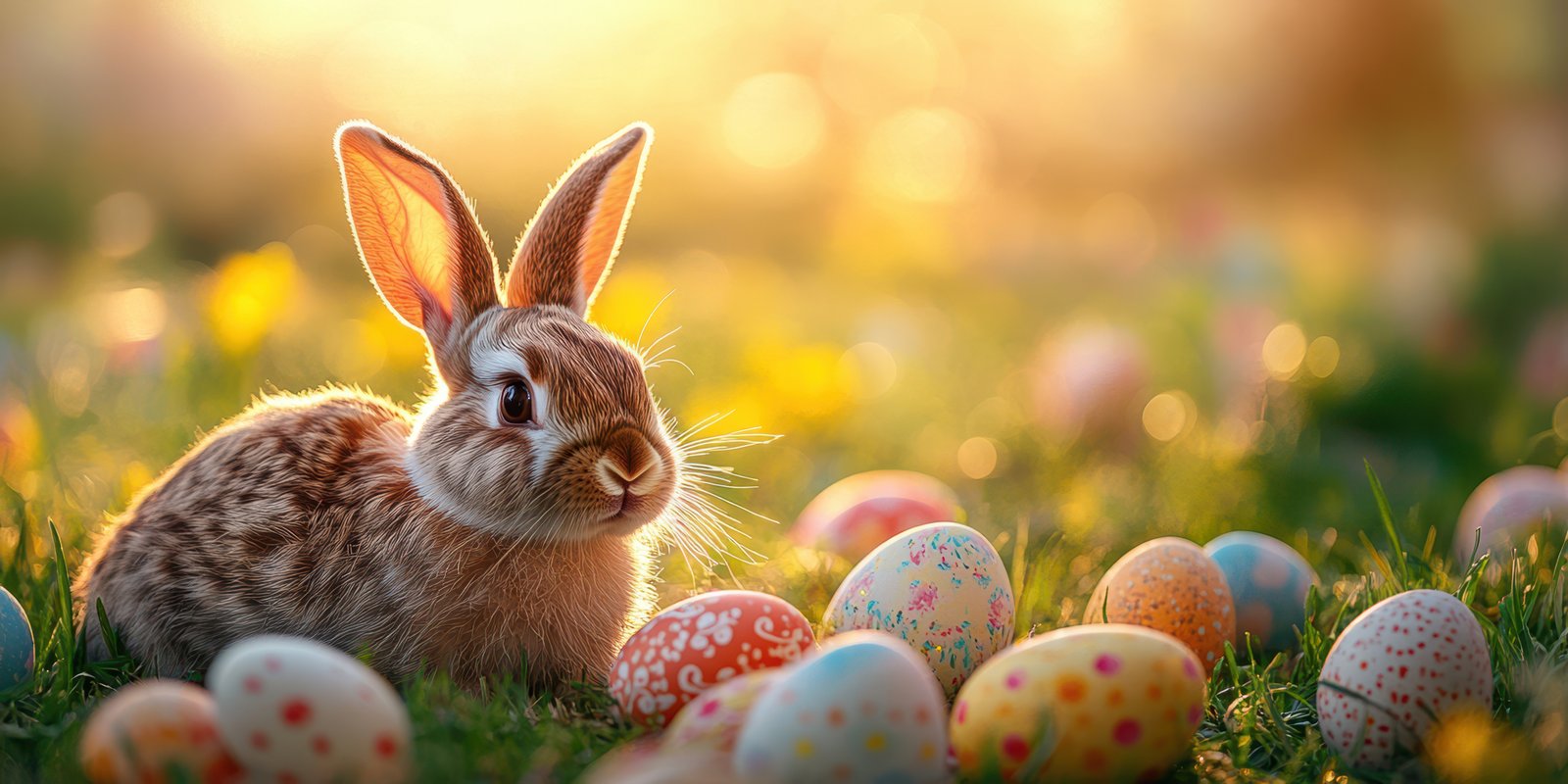 Cute rabbit sitting among colorful decorated eggs in a sunny spring garden during Easter celebrations in the afternoon